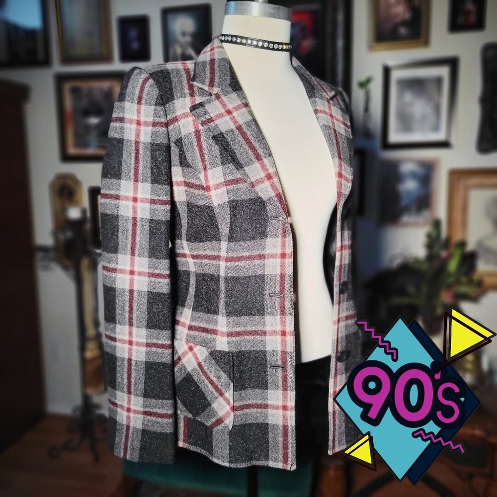 BCBG Max Azria Blazer Plaid Wool Mohair Vintage 90s Grey Red Jacket Sample Small